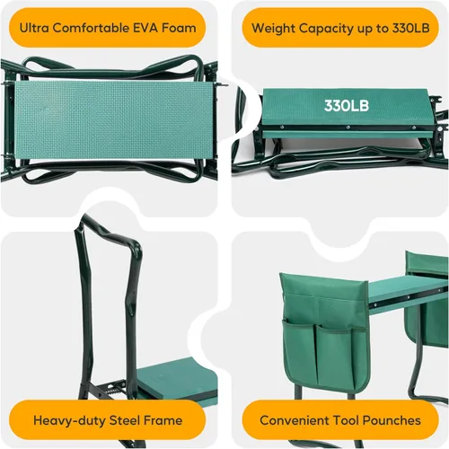 Miniatura 5 de Simple Deluxe Rodillero y asiento de jardín, taburete plegable con almohadilla de espuma EVA más gruesa, banco resistente, con bolsa