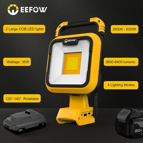 Miniatura 7 de EEFOW Luz de trabajo para batería Dewalt: lámpara portátil de 2 COB de 6400 lúmenes brillante - 64 W iluminación LED para Dewalt 18 V 20 V Max