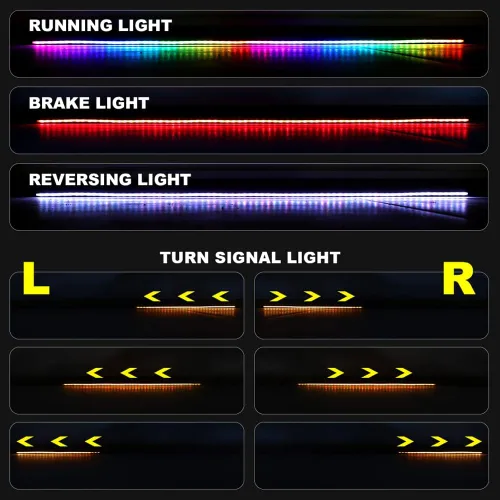 Miniatura 7 de 49.2 in Flexible Coche Luz Trasera RGB LED Tira Kits Cubierta Trasera Freno Detención Señal de Giro Lámpara de Correr Impermeable DC12V (RGB)