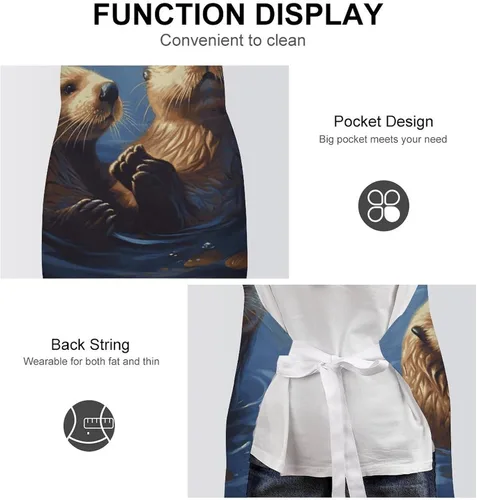 Miniatura 6 de MUSM Sea Otters Painting Apron，Classic Vintage Funny with Pockets Aprons,Adjustable Bib Waterdrop Resistant for Kitchen Cooking Restaurant BBQ