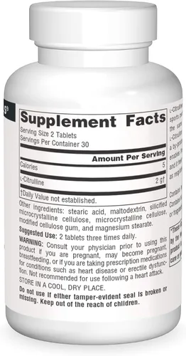Miniatura 3 de Source Naturals L-Citrulina - Apoya la Recuperación del Ejercicio, Energía y Desintoxicación*, 1,000 mg - 60 Tabletas
