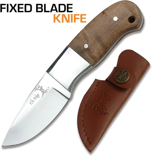 Miniatura 2 de Elk Ridge 111 Series Outdoors Fixed Blade Knife - 5-in Overall, 440 Stainless Steel Mirror Polished Blade, Burl Wood Handle, Leather Sheath
