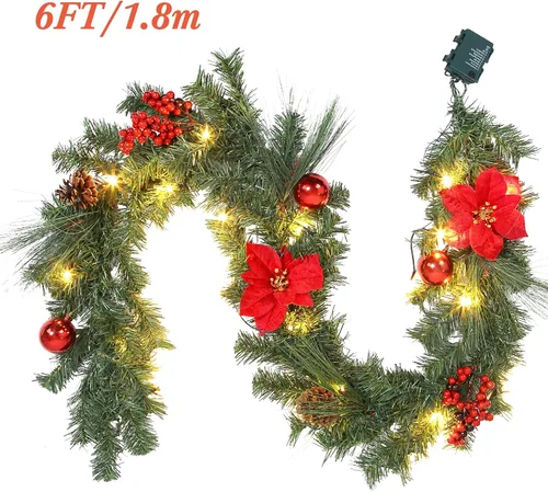 Miniatura 3 de Guirnalda de Navidad preiluminada Adeeing con 20 luces LED - Flores rojas de Poinsettia, bayas y piñas de pino - Guirnalda iluminada de 6 pies