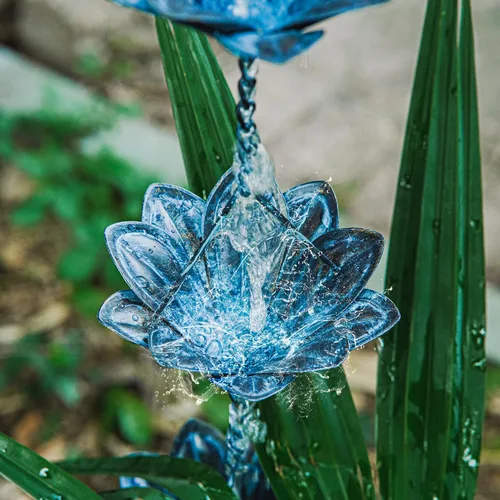 Miniatura 7 de Topadorn Cadena de lluvia de flores, cadena de canalón de hierro desgastado azul de 7.85 pies con 12 tazas, desviador de agua ajustable