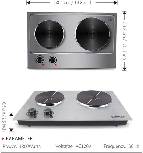Miniatura 7 de CUSIMAX Placa de cocción doble de 1800 W, quemador doble de encimera de acero inoxidable plateado, portátil, eléctrico, placas de cocción de hierro