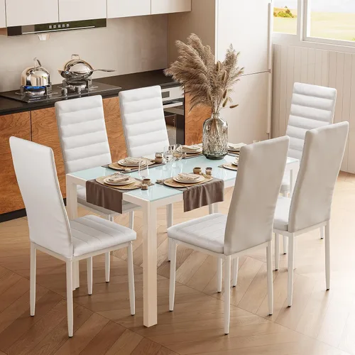 Juego de mesa de comedor de cocina Bealife para 6, juego de mesa y sillas de 7 piezas de vidrio templado moderno para el hogar, cocina, sala de