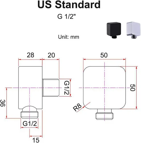 Miniatura 2 de Codo de suministro de pared de latón, conector de manguera de ducha cuadrado G1/2 pulgadas, salida de agua de unión montada en la pared para ducha