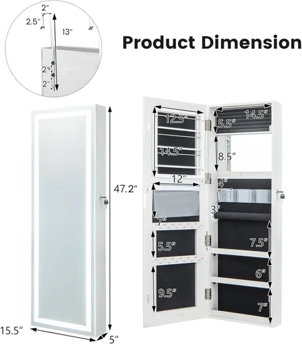 Miniatura 12 de Giantex Armario de joyería para puerta de pared, espejo de longitud completa iluminado con pantalla táctil con cerradura de 47.2 pulgadas, 3 ajustes