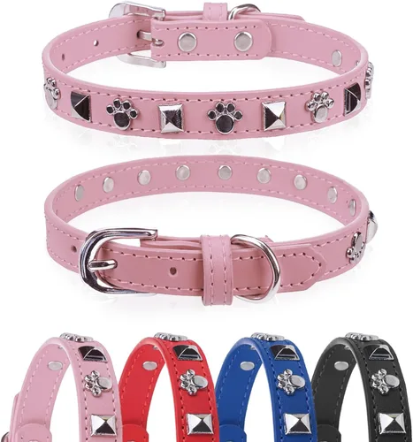 Miniatura 7 de Collar de cuero para perros pequeños, collar suave y ajustable con remaches de estrella y luna para perros machos y hembras, collares para cachorros