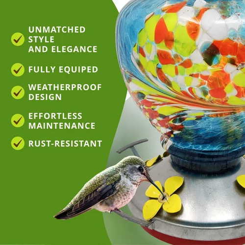 Miniatura 5 de Comedero de colibrí – Cristal soplado HQ – Nectar de alta capacidad – Colores vibrantes que atraen colibríes – Kit de montaje gratuito, Explosión