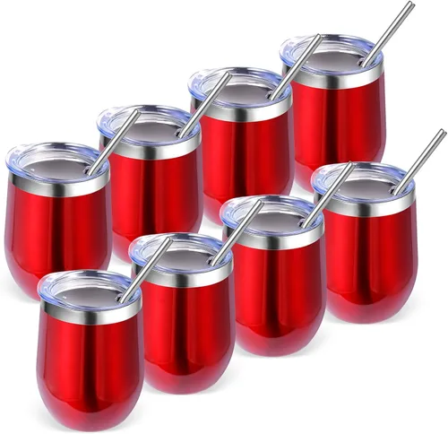 Miniatura 29 de Volhoply - Juego de 12 vasos de vino de 12 onzas con tapa, hechos de acero inoxidable con aislamiento al vacío de doble pared, vasos de vino sin Rosa