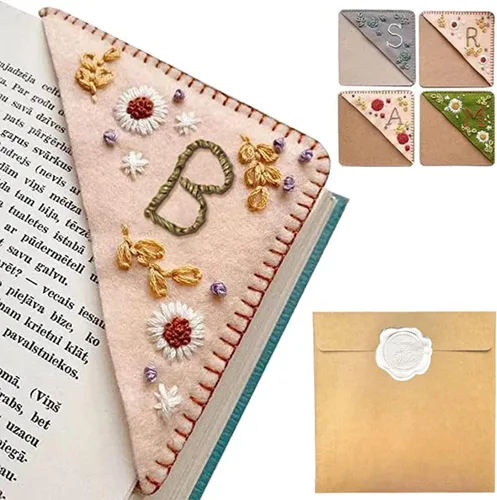 Miniatura 26 de Marcapáginas de esquina bordado a mano personalizado, 26 letras con costura a mano de fieltro, marcapáginas de esquina con bordado de flores lindo