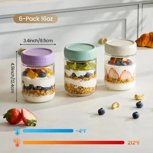 Miniatura 6 de Paquete de 6 tarros de vidrio de 16 onzas con tapas, tarros de almacenamiento de vidrio, recipientes de yogur con tapas para ensalada de pudín