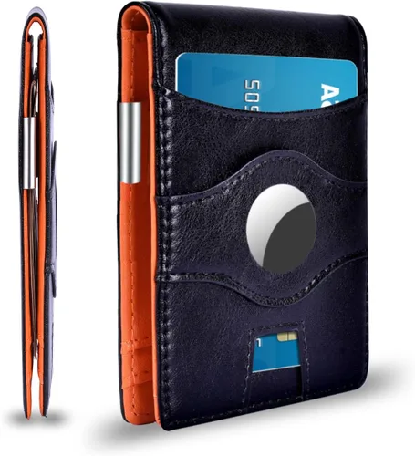Cartera minimalista con bloqueo RFID para bolsillo frontal compatible con AirTag, billetera delgada plegable con tarjetero de crédito con clip para