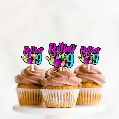 Miniatura 22 de 18 piezas de bola de boliche con purpurina, decoración de postre, magdalenas, boliches, 6 temas, suministros de decoración para niños y niñas