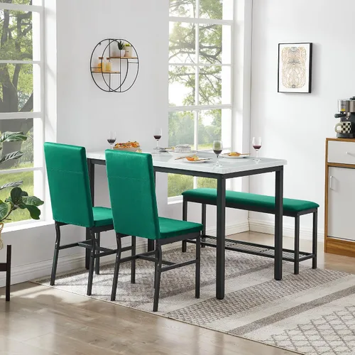 Miniatura 4 de YOFE Juego de mesa de comedor para 4, mesa de cocina de mármol sintético, juego de sillas de mesa de cocina con sillas de terciopelo, banco con red