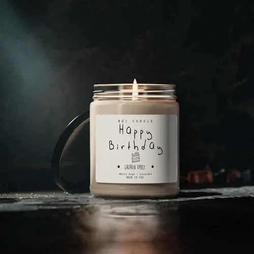 Miniatura 4 de NHI - Vela personalizada de feliz cumpleaños, vela con nombre personalizado, vela perfumada de cera de soja para el hogar, tarro transparente de 9