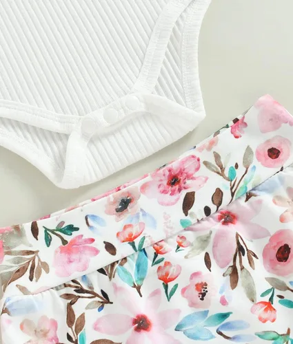 Miniatura 5 de Conjunto de ropa de verano para bebé recién nacida, conjunto de ropa de verano con estampado floral, mameluco con cordón y diadema corta