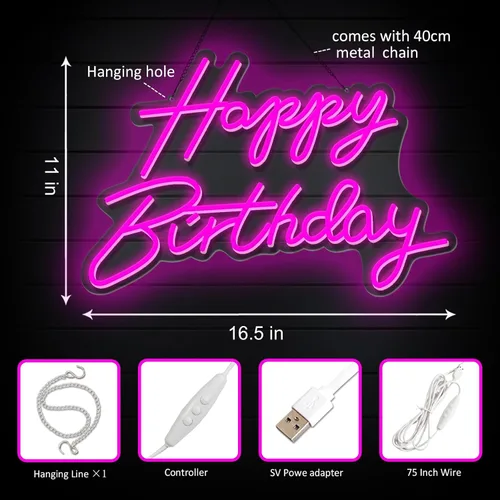 Miniatura 5 de Letrero de neón de feliz cumpleaños, reutilizable, luz LED de neón rosa, decoración de fiesta de cumpleaños, funciona con USB, decorativo para telón