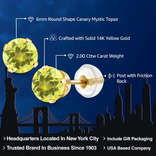 Miniatura 194 de Gem Stone King Aretes solitarios con piedra natal de oro de 14 quilates Redondos de 0.236 in Aretes de oro para mujeres y hombres
