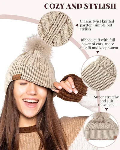 Miniatura 4 de Alepo Womens Winter Beanie Hat, Warm Fleece Lined Knitted Soft Ski Cuff Cap with Pom Pom