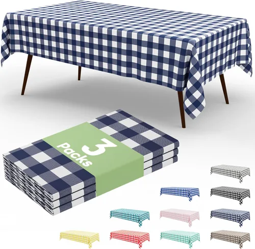 Miniatura 99 de Smiry Paquete de 3 Manteles Desechables de Cuadros Gingham Color Caqui - 54" x 72" Mantel de Plástico de Servicio Pesado, Cubiertas de Mesa