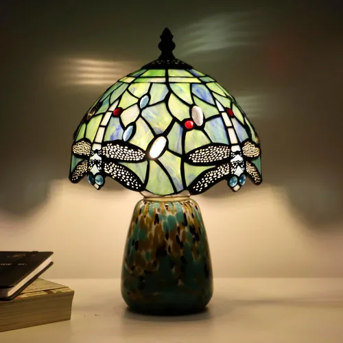 Miniatura 5 de Lámpara de mesa de hongo Tiffany estilo libélula lámpara de acento de vidrio teñido azul marino base de vidrio marrón azul 8X8X12 pulgadas