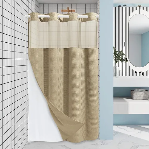 EUTXL Cortina de ducha beige sin gancho con forro a presión, cortinas de ducha de tejido gofre de 230 GSM para baño, 54 pulgadas de ancho x 80