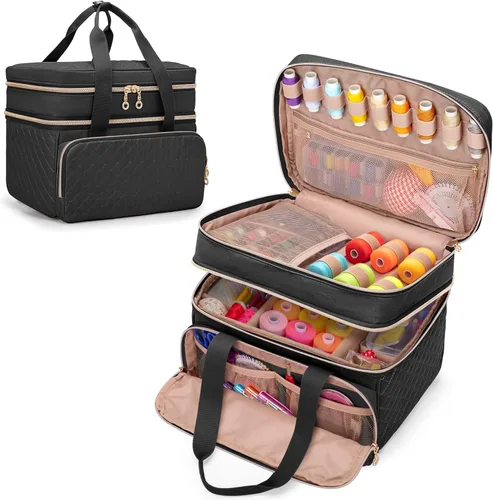 YARWO Organizador de suministros de costura de doble capa con 5 divisores personalizados, bolsa de almacenamiento portátil para accesorios de Negro