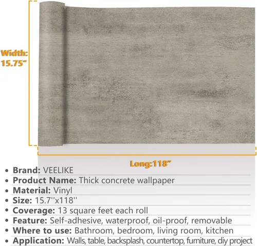 Miniatura 8 de VEELIKE Papel tapiz de hormigón gris pardo envejecido para despegar y pegar de 15.7 x 118 pulgadas, papel adhesivo texturizado para encimeras