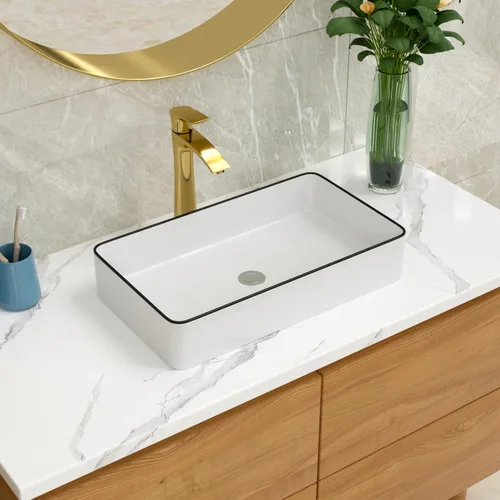 Miniatura 2 de Lordear Lavabo Rectangular de Baño Tipo Vasija 24X14 Pulgadas Lavabos de Baño Blancos de 24 Pulgadas con Borde Negro Lavabo de Cerámica Sobre