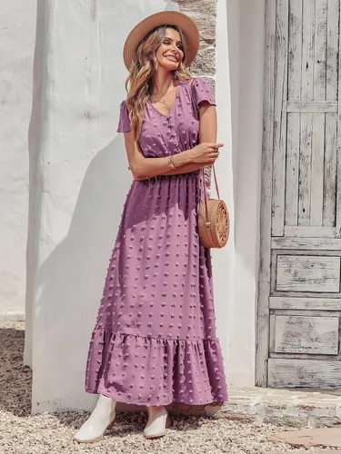 Miniatura 5 de PRETTYGARDEN - Vestido bohemio de manga corta con cuello en V y plumetí con volantes, vestido maxi fruncido de cóctel