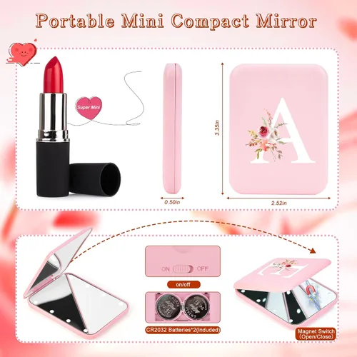 Miniatura 4 de Espejo compacto personalizado con inicial y luz, espejos de bolsillo LED para regalos informales, espejo de viaje con aumento 1X/3X, espejo pequeño