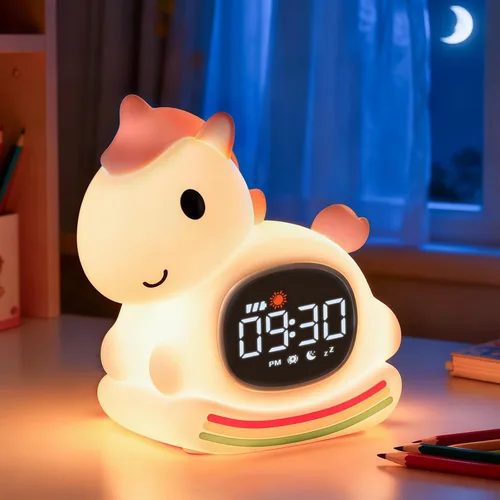 Miniatura 11 de Reloj despertador de conejo con luz nocturna para niños con entrenamiento del sueño y máquina de sonido, lámpara de silicona recargable