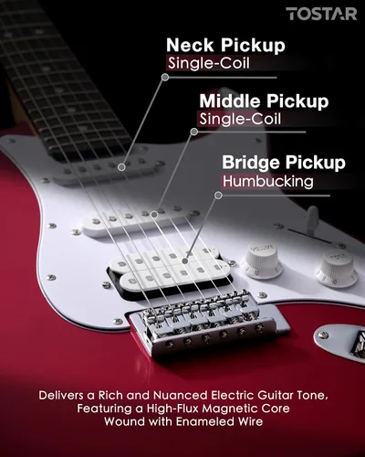 Miniatura 4 de Tostar Kit de guitarra eléctrica con amplificador, 39 pulgadas, tamaño completo, 6 cuerdas, ligero, diseño de cuerpo redondeado, interruptor