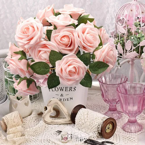 Miniatura 2 de Higfra Flores artificiales, 25 rosas falsas de espuma de aspecto real con tallos para ramos de boda, centros de mesa de despedida de soltera, Brillo