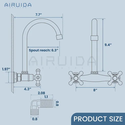 Miniatura 6 de Airuida Grifo de fregadero de cocina de montaje en pared negro mate, grifo de cocina montado en la pared, centro de 8 pulgadas, asas cruzadas