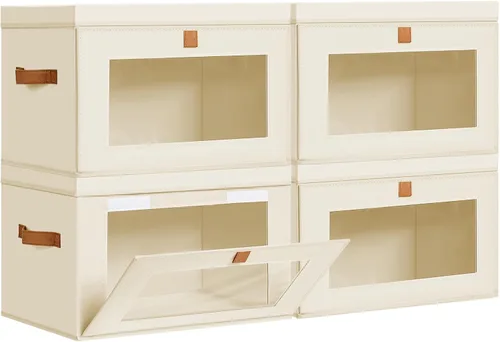 Miniatura 8 de DIMJ Contenedores de Almacenamiento con Tapas - Paquete de 4 Organizadores Grandes de Tela para Armario con Ventana y Asas, Cajas de Almacenamiento