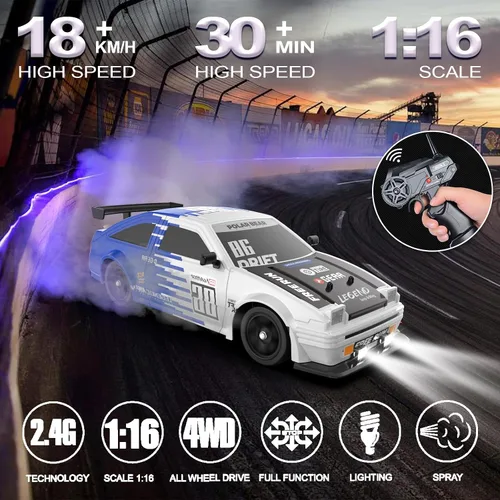 Miniatura 2 de Auto de control remoto RC Drift, escala 1/16, 2.4 GHz, 4WD, autos RC de alta velocidad con luces LED, dos baterías y neumático de derrape, juguete