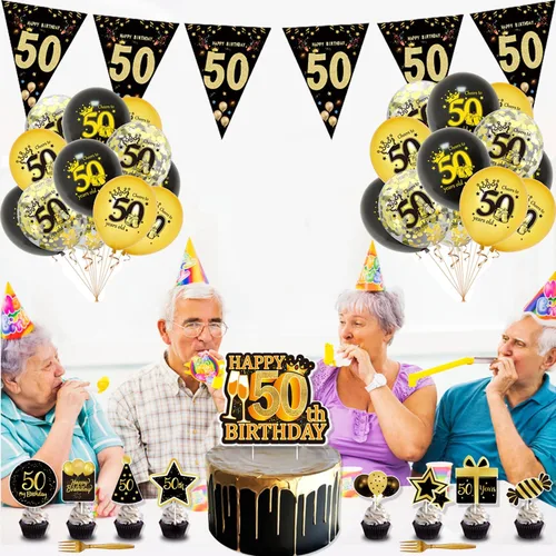 Miniatura 5 de Suministros de decoración de fiesta de cumpleaños número 50 para hombres y mujeres, incluye 16 platos, 20 servilletas, 1 mantel, 1 pancarta, 16