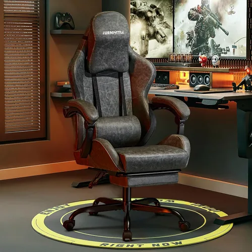 Miniatura 3 de Silla Gaming Silla de Videojuegos con Reposacabezas Grande, Reposabrazos de Conexión, Silla Ergonómica de Computadora de Cuero PU Retro para Gaming