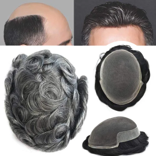 Miniatura 63 de Tupé de encaje suizo para hombres, piezas de cabello humano real, encaje frontal, sistema de reemplazo de cabello tipo tupé, nudo blanqueado, línea