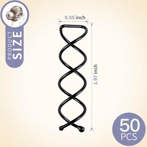 Miniatura 2 de FANDAMEI 50 horquillas para el cabello en espiral, puntas redondas que no rayan, con tornillo giratorio para mujer, estilo de moño, bricolaje, Negro