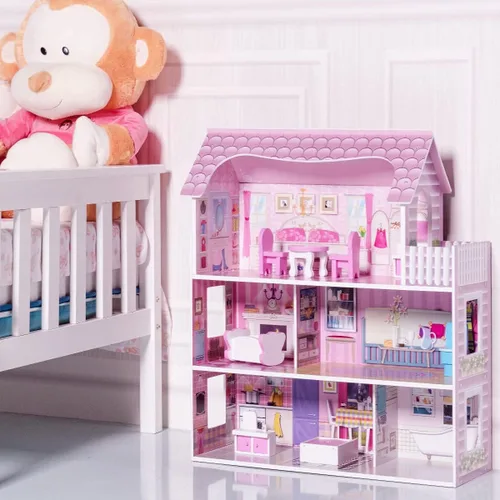 Miniatura 7 de Honey Joy Casa de muñecas de madera de 3 niveles con 8 muebles, casa de muñecas para niños, juego de princesa mini, regalo para niñas pequeñas 2.5