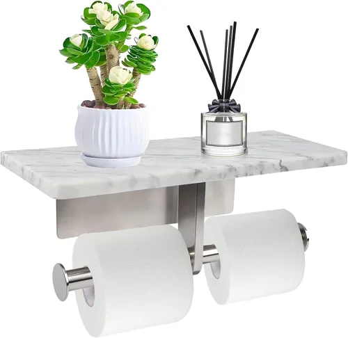 Soporte de papel higiénico con estante de mármol natural para baño, soporte de pañuelos montado en la pared adecuado para rollo mega (níquel Níquel