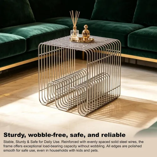 Miniatura 3 de Mesa auxiliar retro, mesita de noche decorativa para sala de estar, mesa auxiliar pequeña de metal lineal de acero inoxidable, estante de escritorio