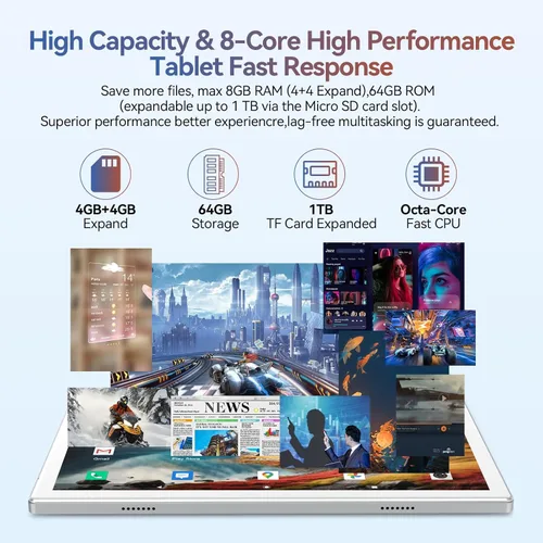 Miniatura 2 de Tableta Android 14 2025 Tablets más recientes, tableta de 10 pulgadas (4+4) GB RAM 64 GB ROM 1 TB de expansión, tabletas 2 en 1 con teclado, Plateado