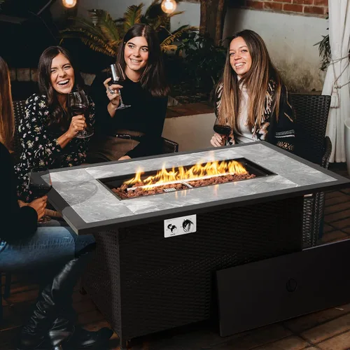 Miniatura 3 de COSTWAY Mesa de fuego de propano para patio de 52 pulgadas, mesa de fuego para exteriores de 50,000 BTU, encendido por pulso, mesa de mármol y ratán