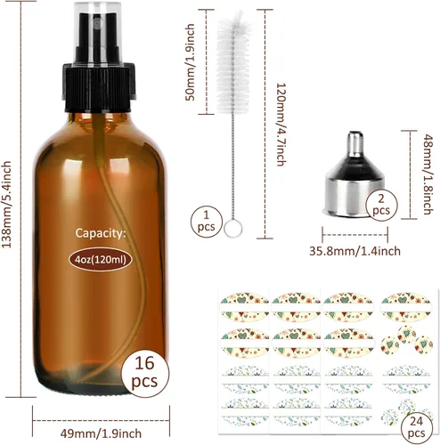 Miniatura 2 de CycleMore 120ml 16Pcs 4oz Botellas de vidrio ámbar con rociadores de niebla fina, botellas de viaje de vidrio para aceites esenciales cosméticos