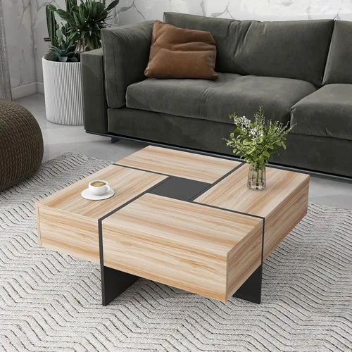Miniatura 3 de DHAEY Mesa de centro cuadrada con 4 compartimentos de almacenamiento ocultos, mesa central con mesa deslizante extensible, mesa de cóctel, mesa